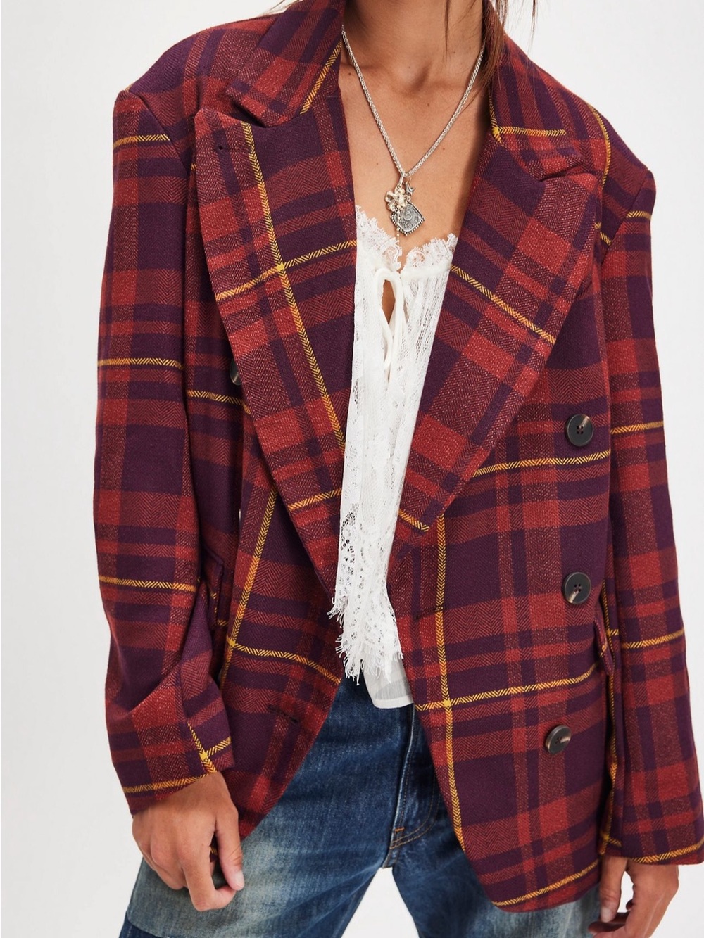 Free People Dean Burgundy, Red and Yellow Plaid Double-Breasted Blazer